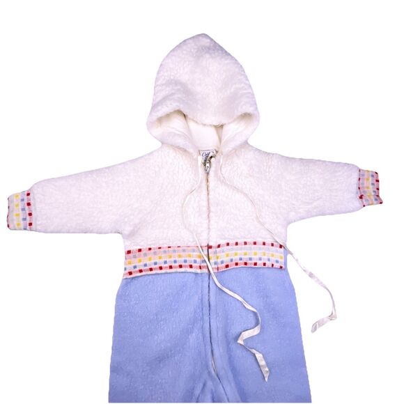VTG Carter’s Retro White/Blue Fleece Hooded Bunting Footed Sz Small to 15 lbs - Picture 2 of 16